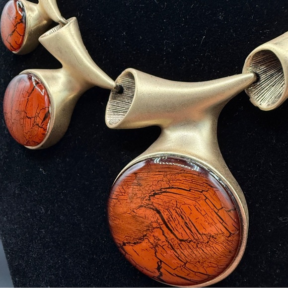 Brutalist Brushed Gold and Marbled Orange Jewelry Set of Earrings and Necklace - Picture 7 of 17